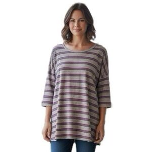 LuLaRoe Gray Pink Purple Stripe Perfect T Tunic High Low Short Sleeve Top M NWOT